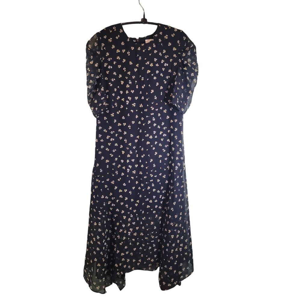 H&M Dress Womens Sz10 Floral Chiffon Lined Flowy Side Slit Blue Yellow